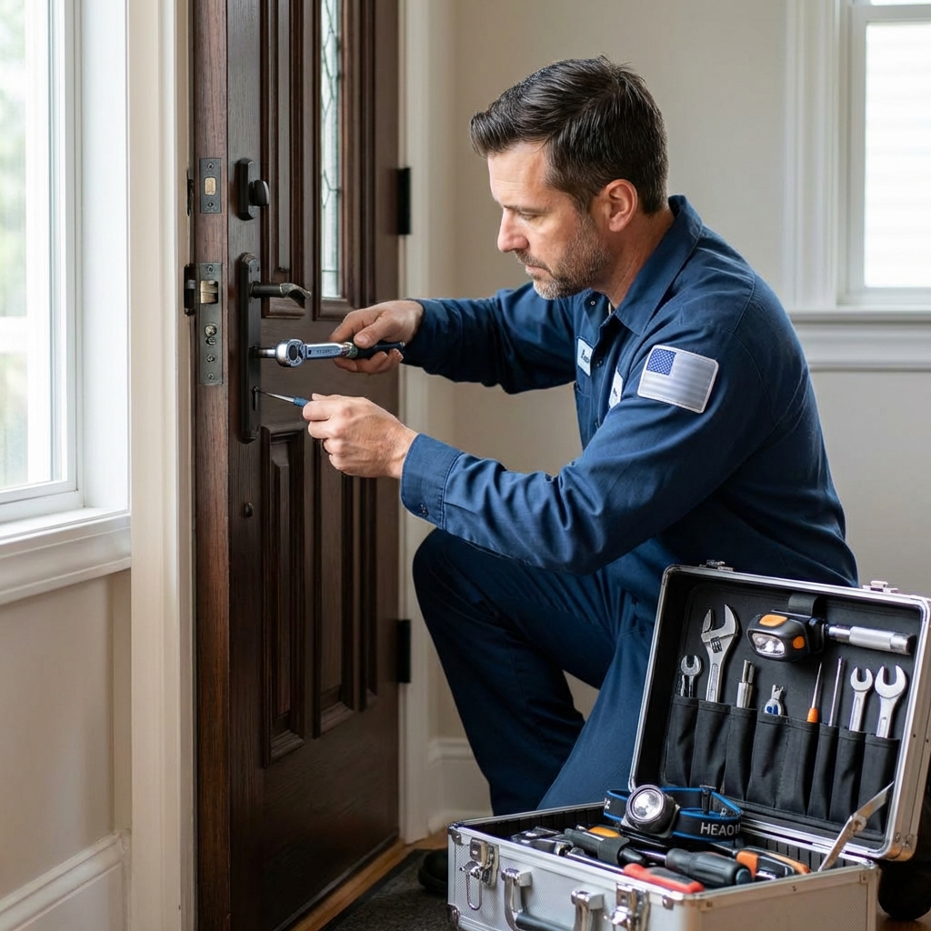 Cerrajero profesional instalando cerradura de alta seguridad